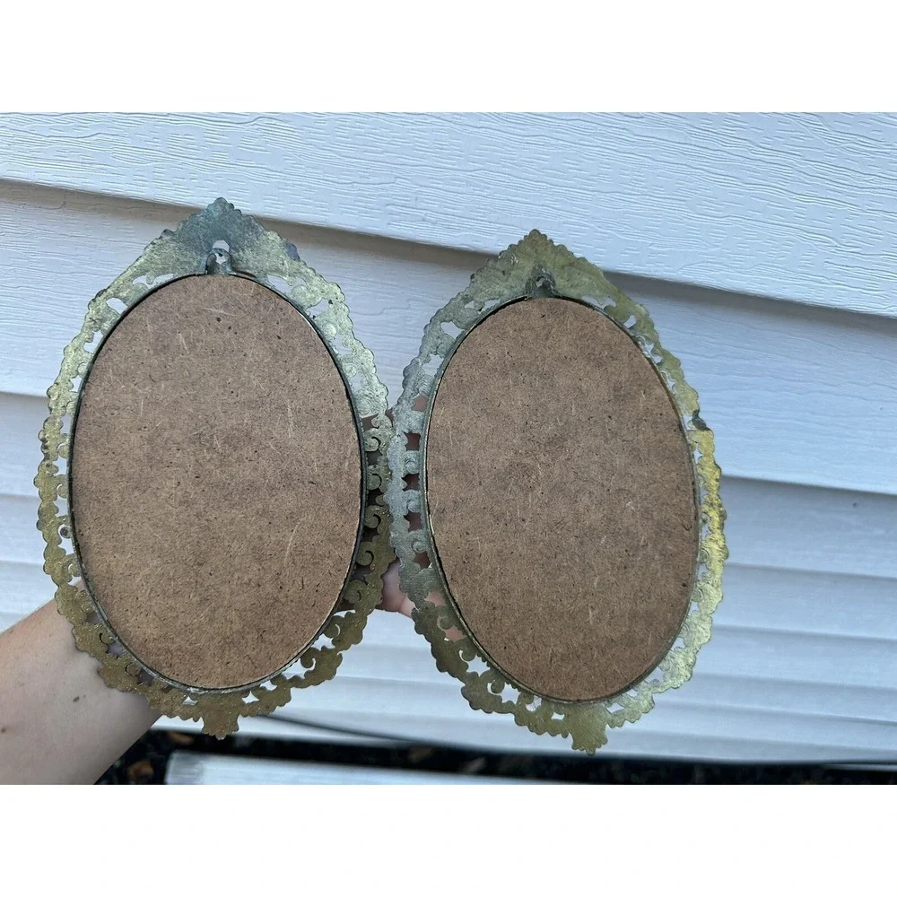 Vintage Victorian Brass Oval Ornate‎ Picture Frames Silk Children Outdoors X2